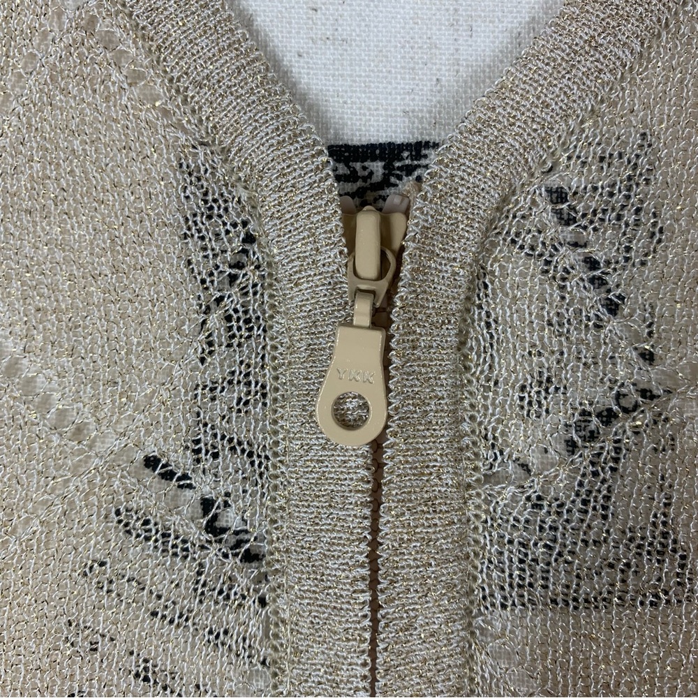 Vintage Free People Pointelle Knit Gold Metallic Mesh Zip Up Cardigan Coachella - Picture 9 of 12